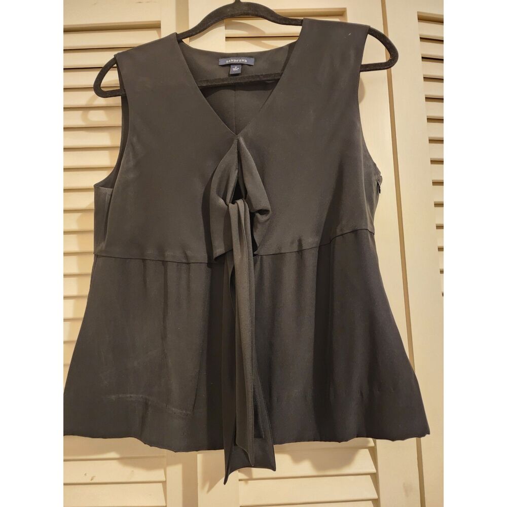 Lands' End 100% Silk Black Sleeveless Tie Front V-Neck Blouse Size 12